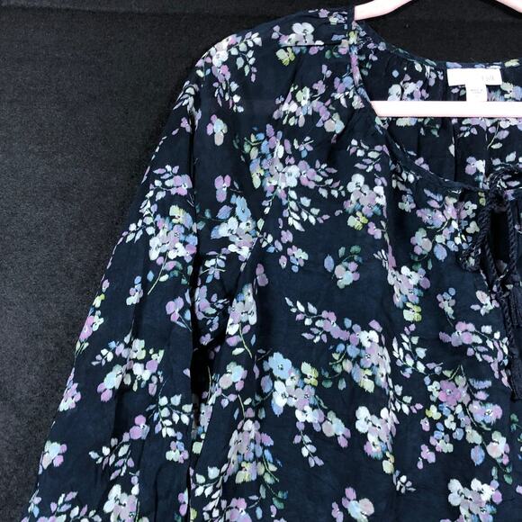 J Jill Womens Blouse Blue Multi Floral Pull Over V Neck Long Sleeve Sheer Small - Picture 4 of 12